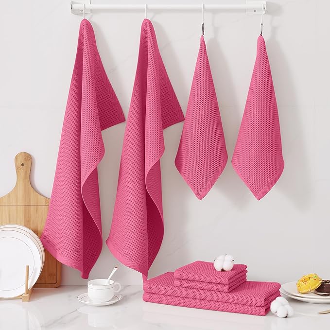 Homaxy 100% Cotton Kitchen Towels and Dishcloths Set, 12 x 12 Inches and 13 x 28 Inches, Set of 8 Bulk Kitchen Towels Set, Ultra Soft Absorbent Dish Cloths for Washing Dishes, Hot Pink