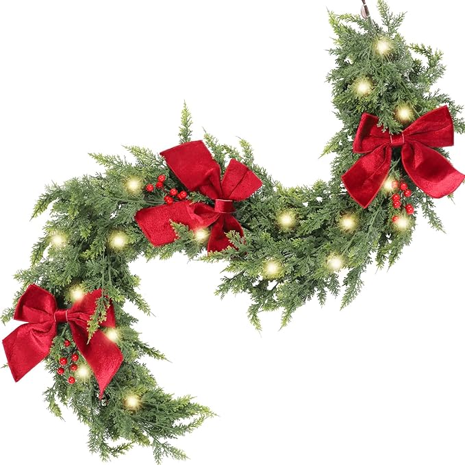6ft Christmas Garland with Lights,Lighted Cedar Garland for Mantle,Prelit Real Touch Artificial Green Christmas Winter Garland with Large Burgundy Velvet Bow for Indoor Outdoor Decor