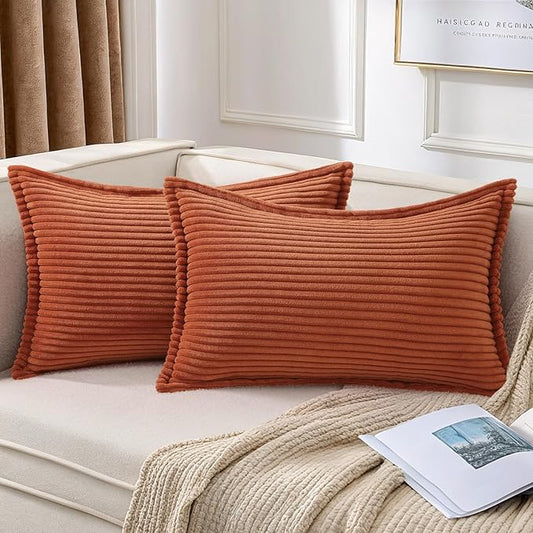 Mecatny Corduroy Fall Throw Pillow Covers 12x20 Set of 2, Neutral Decorative Soft Burnt Orange Boho Lumbar Couch Pillow Covers with Broadside for Sofa Living Room, Rust