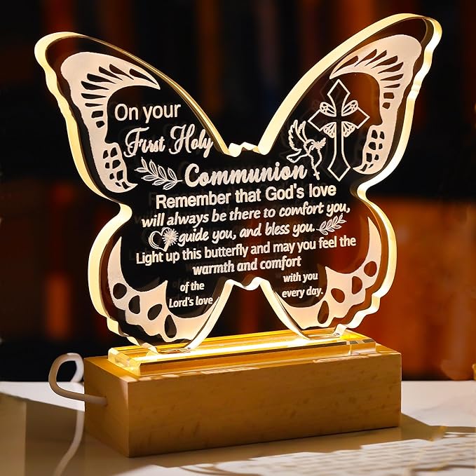 Ornalrist First Holy Communion Gifts for Girls, First Communion Baptism Gifts for Granddaughter Goddaughter, Boys, Teens, Crystal Butterfly Night Light Plaque with Warm Light Base