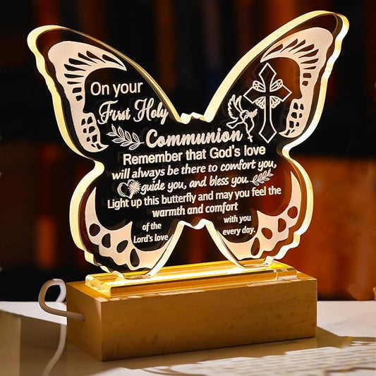 Ornalrist First Holy Communion Gifts for Girls, First Communion Baptism Gifts for Granddaughter Goddaughter, Boys, Teens, Crystal Butterfly Night Light Plaque with Warm Light Base