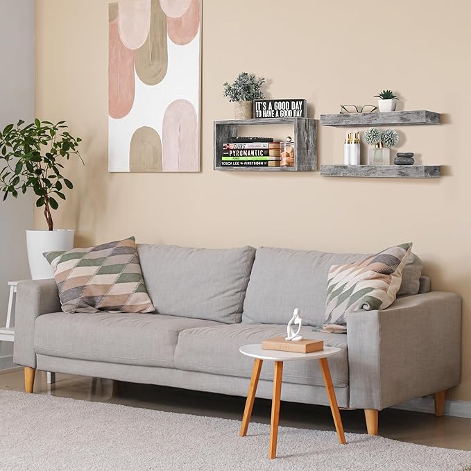 Sorbus Floating Shelves for Wall Set of 3 - Bathroom Shelves for Wall Storage, Over Toilet, Bedroom, Farmhouse, Decor - 2 Floating Shelves with Invisible Brackets & 1 Rectangular Box, Grey