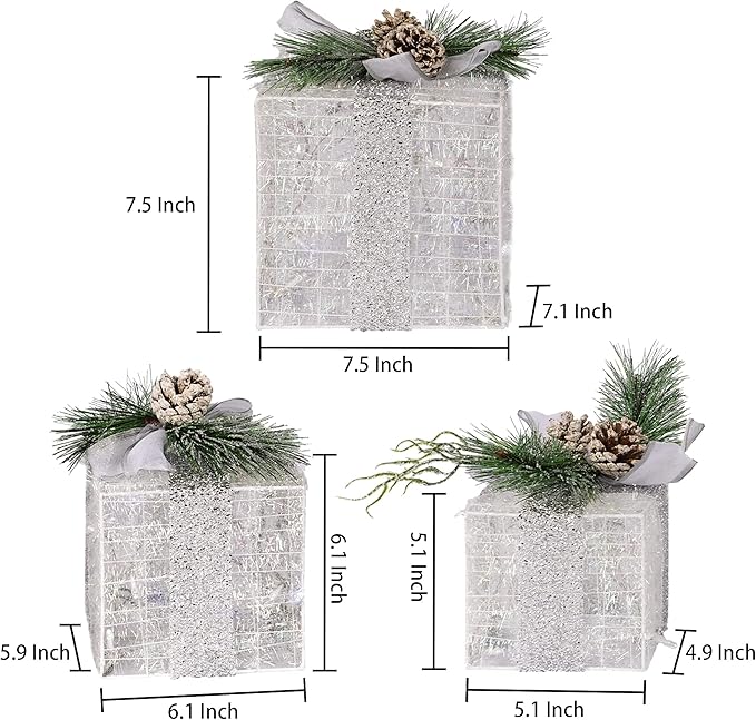 Hourleey Set of 3 Christmas Lighted Gift Boxes, Pre-lit 60 LED Light Up Present Boxes Ornament Outdoor Warm White Tinsel Boxes Decoration for Indoor Christmas Home Yard Lawn Decor