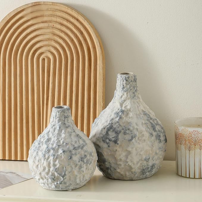 Stone Vases Set of 2, Ceramic Bud Vase Minimalist Vases for Pampas Grass,Modern Vase for Wabi Sabi Home Decor, Shelf Decoration，Fireplace Decor,Coffee Table Decor