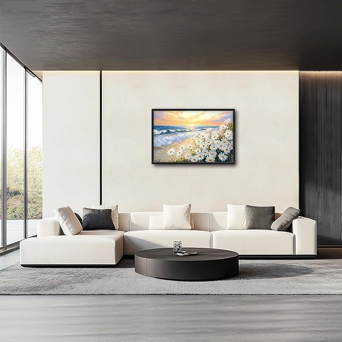 Large Beach Daisy Wall Art, Framed Coastal Beach Wall Decor for Living Room, Oversized Sunrise Canvas Painting Seascape Pictures Home Decoration for Living Room Bedroom Office 36"x24"