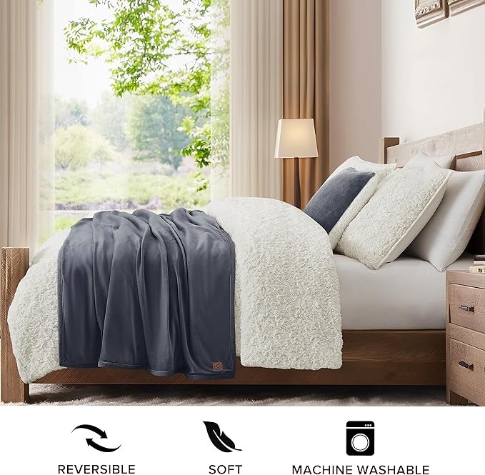 UGG Bliss Throw Blanket Plush Soft Fleece Fluffy Blankets for Bed or Couch Oversized Warm Reversible Machine Washable Medium Weight Home Decor Giftable Throw, 50-inch x 70-inch, Imperial Blue