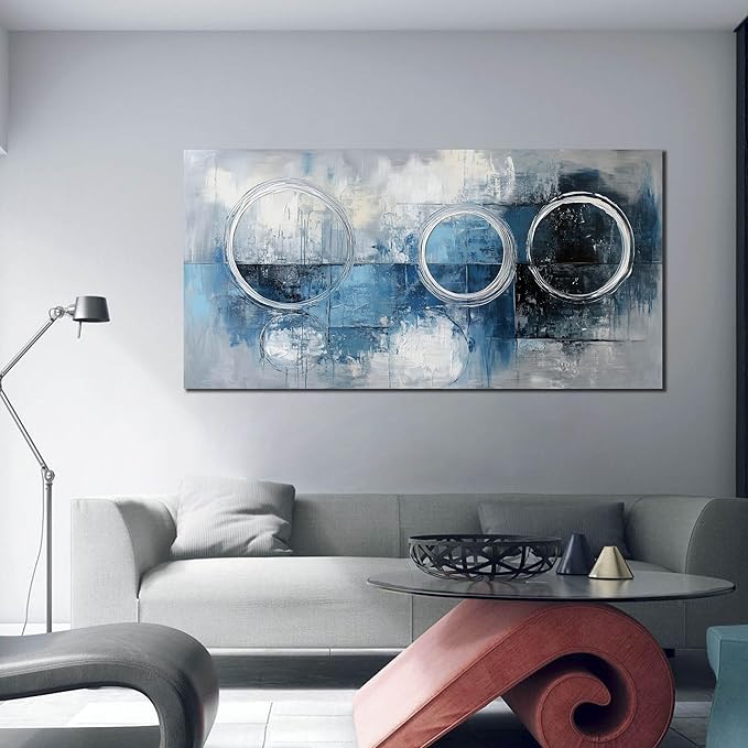 AOZEMI Abstract Wall Art Large Blue Picture Wall Decor Grey and White Circle Modern Artwork Art for Living Room Office 24"x 48"