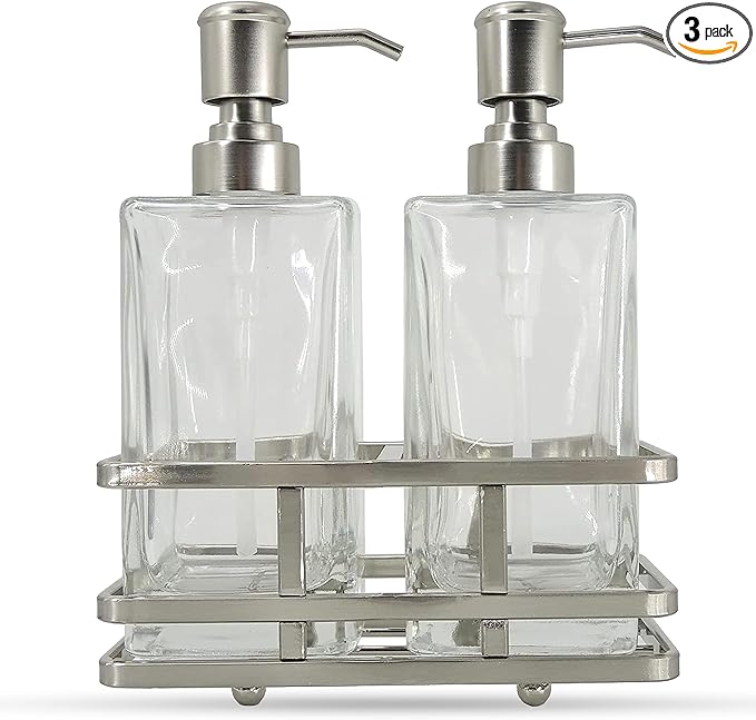 Square Glass Clear Lotion and Soap Pump Dispenser Set with Metal Stand Caddy for Bathroom Bath Kitchen Home Office Travel Hotel Hand Crafted Heavy Weight Nickel