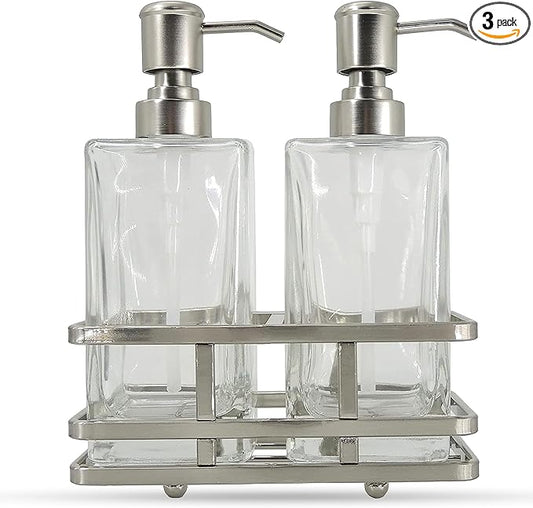Square Glass Clear Lotion and Soap Pump Dispenser Set with Metal Stand Caddy for Bathroom Bath Kitchen Home Office Travel Hotel Hand Crafted Heavy Weight Nickel