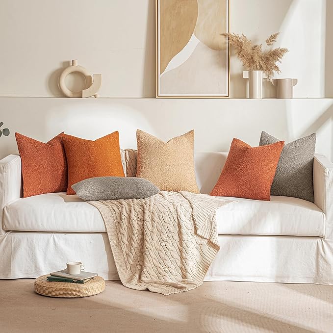 MIULEE Fall 20x20 Inch Decorative Pillow Covers for Couch Bed Set of 2 Textured Boucle Neutral Throw Pillows Burnt Orange Accent Solid Cushion Pillowcase Cozy Soft Sofa Livingroom Home Decor