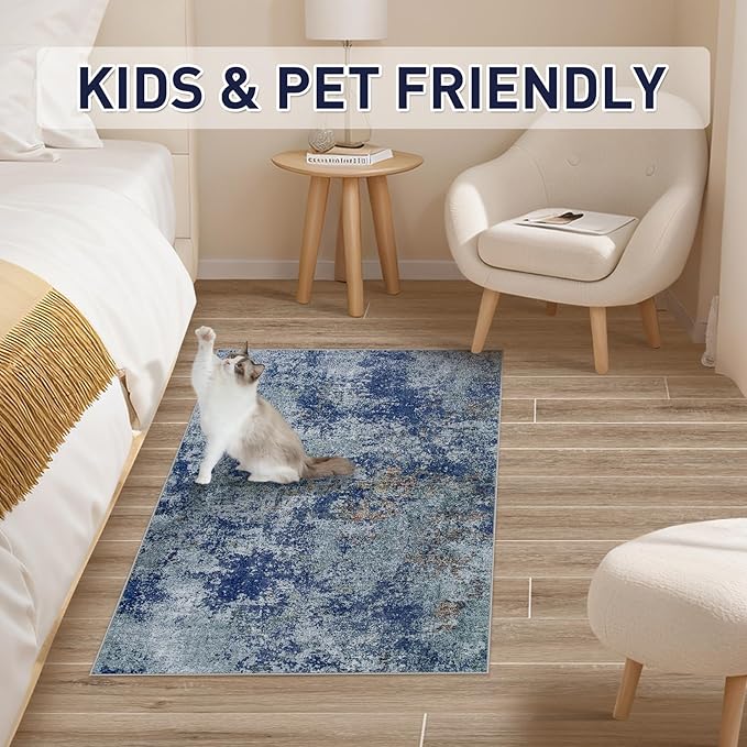 Machine Washable Area Rugs 2x3: Small Entryway Rug with Non Slip Backing Non Shedding Stain Resistant Abstract Carpet for Living Room Bedroom Kitchen Laundry Under Dining Table - Blue