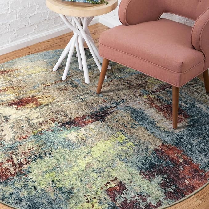 Lahome Modern Abstract Round Rug 5ft - Washable 5x5 Circle Rugs for Bedroom Dining Table Non Slip Non-Shedding, Soft Floor Carpet for Living Room Nursery Dorm Kitchen,Red/Multi