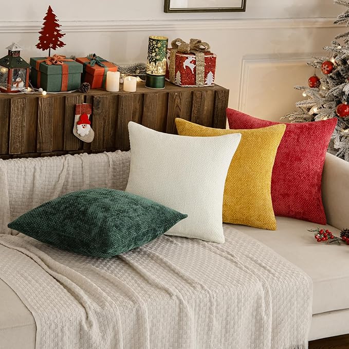 MIULEE Christmas Pack of 4 Couch Throw Pillow Covers 20x20 Inch Christmas Red/Green Soft Decorative Chenille Pillow Covers Farmhouse Accent Cushion Covers for Boho Home Decor Sofa Bedroom Living Room