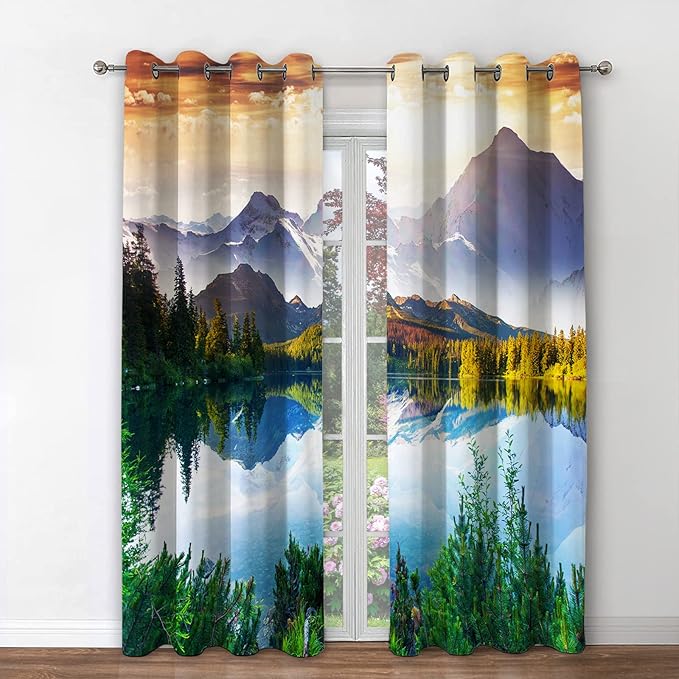 Jekeno Mountain Forest Blackout Curtains Tree Lake in Sunny Sky Nature Scenery Decor for Bedroom Living Room Grommet Window Drapes 2 Panel Set, 42"x54"
