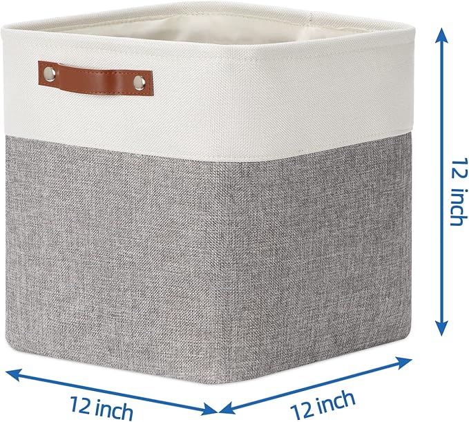 Temary 12 Inch Storage Baskets Foldable Fabric Storage Cubes 4PCs Storage Bins Organizer with Handles, Baskets for Organizing Clothes, Towels (White & Grey, 12 x 12 x 12)