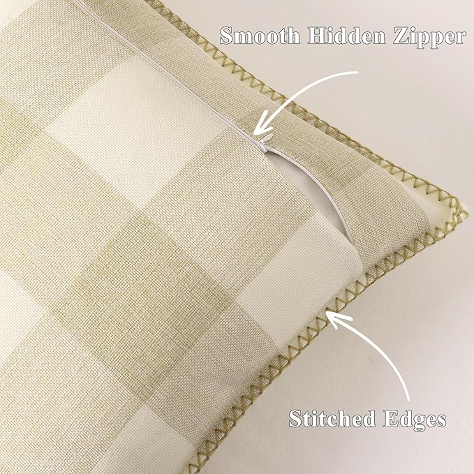 decorUhome Christmas Buffalo Plaid Check Throw Pillow Covers 16x16 Set of 2, Outdoor Linen Decorative Farmhouse Gingham Pillow Covers with Stitched Edge for Bed Couch Sofa, Cream White and Beige