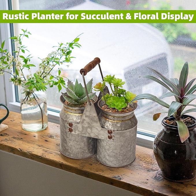 Set of 2 Rustic Galvanized Metal Planters, Flower Vases for Dried Flowers or Succulents, Farmhouse French Country Buckets for Wedding, Office, Home Decor, 8x4x6.75 Inch