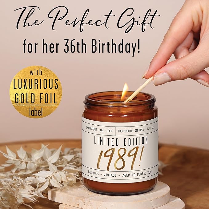 36th Birthday Gifts for Women - 'Limited Edition 1989' Soy Candle, w/Champagne on Ice I 36 Birthday Gifts for Women I 36th Gift for Her Ideas I 9oz Reusable Jar, 50Hr Burn, Made in USA