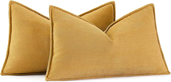 MIULEE Pack of 2 Gold Decorative Lumbar Pillow Covers 12x20 Inch Soft Chenille Luxurious Couch Throw Pillows Farmhouse Cushion Covers with Elegant Design for Sofa Bedroom Living Room Home Decor