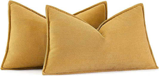 MIULEE Pack of 2 Gold Decorative Lumbar Pillow Covers 12x20 Inch Soft Chenille Luxurious Couch Throw Pillows Farmhouse Cushion Covers with Elegant Design for Sofa Bedroom Living Room Home Decor