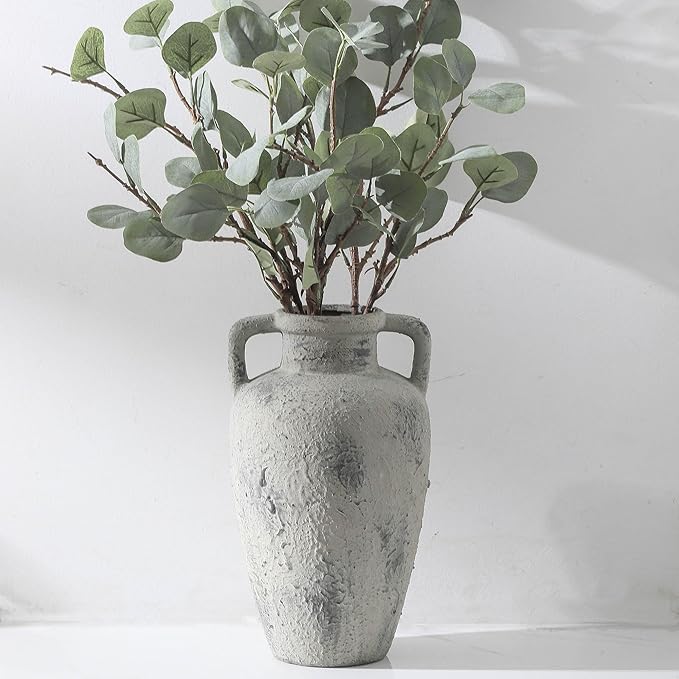 Large Ceramic Rustic Vase, 11.41 inch Tall Terracotta Flower Vase with 2 Handles, Decorative Vases for Home Decor, Dining Table, Living Room, Kitchen, Office