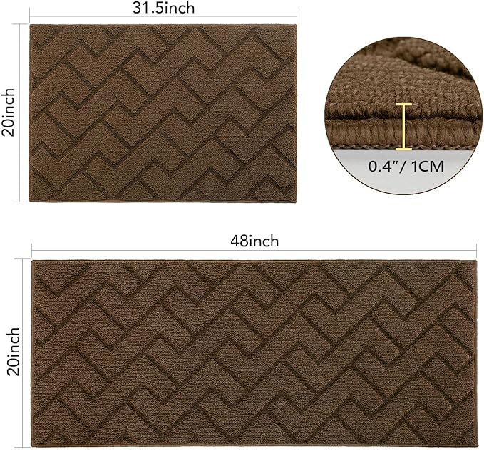 hicorfe Kitchen Rugs and Mats Sets,2 Pieces Super Absorbent Polypropylene Non-Slip Rug,Soft Comfort Floor Mat,Washable for Kitchen,Hallway,Office,Sink,Laundry(20" x 31.5" Plus 20" x 48",Dark Brown)