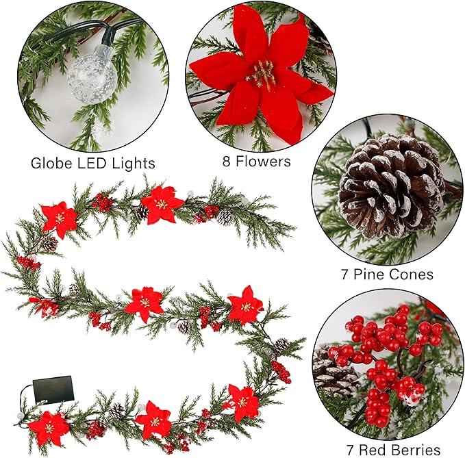 DR.DUDU 9 FT Pre-lit Artificial Christmas Garland with 30 LED Lights, Battery Powered with Pine Cones, Red Berries, Pine Needles, Lighted Christmas Wreath for Holiday Party, Xmas Tree Decorations