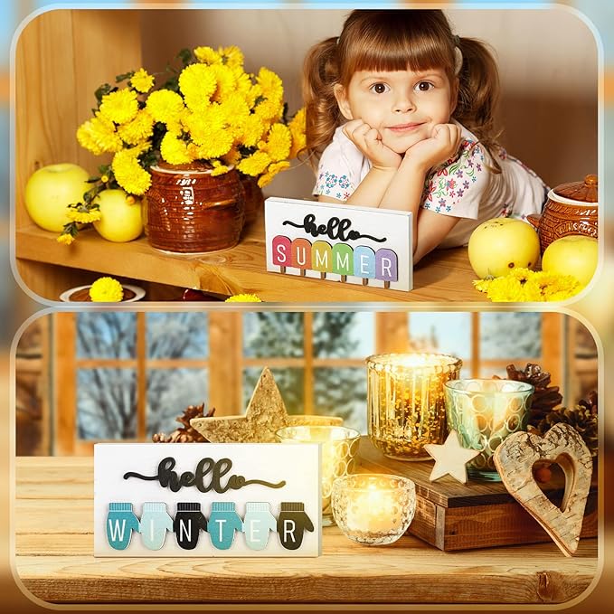 Roowest 5 Pcs Hello Fall Sign Interchangeable Seasonal Sign Spring Summer Winter Tiered Tray Decor 5.9 x 3 Inch Wooden 4 Seasons Farmhouse Table Centerpiece Decoration for Home Shelf Office(Fresh)