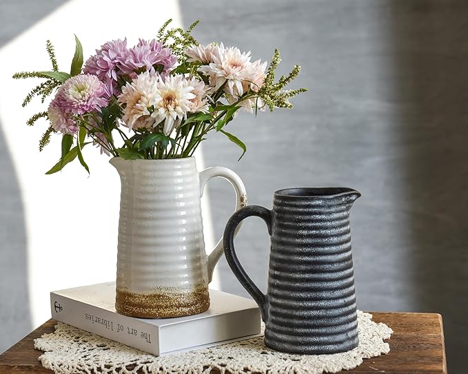 Quoowiit Ceramic Rustic Vase with Handle, White Distressed Decorative Farmhouse Pitcher Vase for Home Decor Living Room Bedroom Kitchen Office Shelf Decor Centerpiece Table Decoration