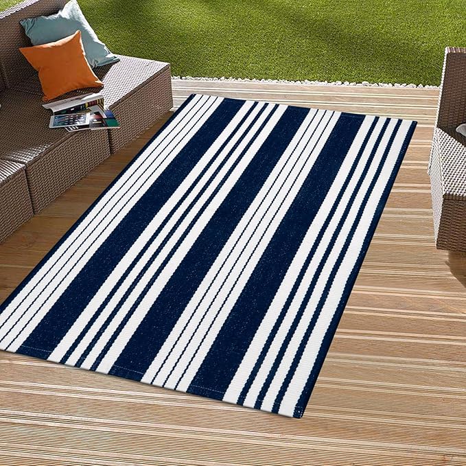 OJIA Blue and White Outdoor Rug 3’x5‘ Cotton Woven Fall Striped Front Porch Rug Machine Washable Indoor Outdoor Rugs Farmhouse Entry Rug Layered Door Mat for Entryway/Kitchen/Laundry/Living Room