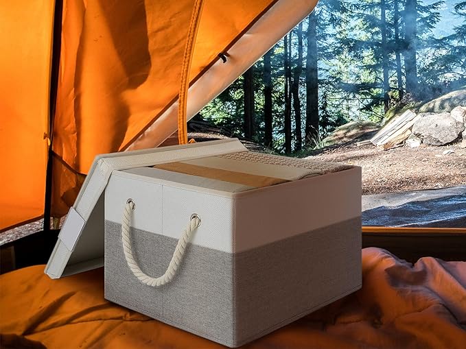 LoforHoney Home Fabric Storage Bins with Lids for Organizing, Foldable Closet Storage Boxes for Shelves, Clothes Baskets with Cotton Rope Handles, XLarge, Beige & Gray, 4-Pack