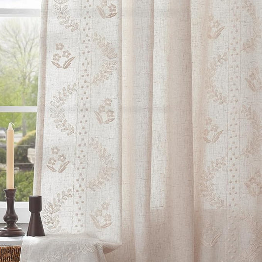 jinchan Belrose Lined Linen Blend Curtains Boho Floral Curtains for Bedroom 84 Inch Length Ivory Embroidered Drapes Rod Pocket Farmhouse Flower Drapes for Living Room Window Treatments Set 2 Panels