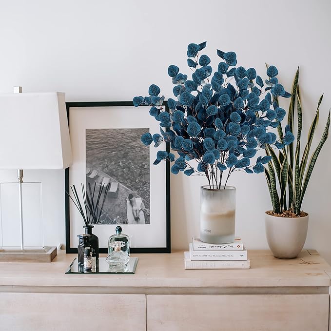 Sggvecsy 6 Pcs Eucalyptus Leaves Artificial Eucalyptus Stems Long Silver Dollar Leaves Faux Leaf Branches Fake Silk Eucalyptus for Spring Summer Home Festival Thanksgiving Christmas Decor (Blue)