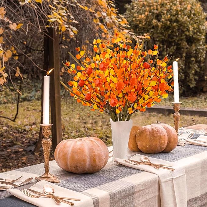 Krissing 6 Pcs Fall Floral Stems,17.3”Fall Berry Stems with Pumpkins Autumn Berry Floral Picks Branches for Vase Autumn Arrangement Centerpieces Harvest Thanksgiving Home Fall Decor