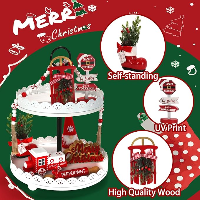 Christmas Tiered Tray Decor Set, 8 PCS Christmas Decorations for Home, Wooden Signs Farmhouse Table Centerpieces Winter Decorations for Shelf Mantel Fire Place Office Desk Kitchen Bedroom