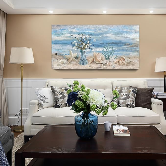 Beach Canvas Wall Art for Living Room Ocean Theme Seaside Print Blue Coastal Picture Abstract Seascape Landscape Pink Teal Painting Daisy Flower in Indian Vase Framed Artwork for Home Decor 30x60inch