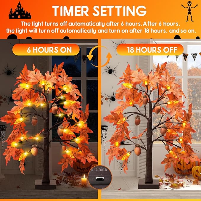Fall Tree with Lights Thanksgiving Decorations: 2 Pack 2 FT Artificial Trees with 96 Maple Leaves 48 LED Light and Pumpkin Acorns Pinecone Battery Operated Outdoor Indoor Home Table Room Autumn Decor