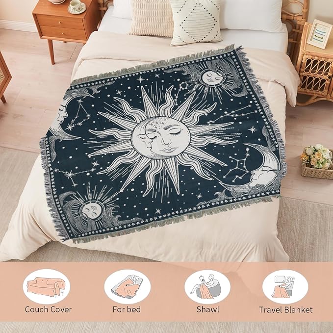 Boho Throw Blanket Reversible Cotton Bohemian Tapestry Hippie Room Decor Outdoor Blanket Double Sided (Navy Sun Moon 50"x60")