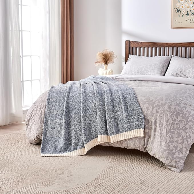 CozeCube Melange Blanket, Ultra Soft Blue and White Throw Blanket, Warm Cozy Knit Fuzzy Plush Reversible Throw for Couch Bed Sofa, 60"x80"