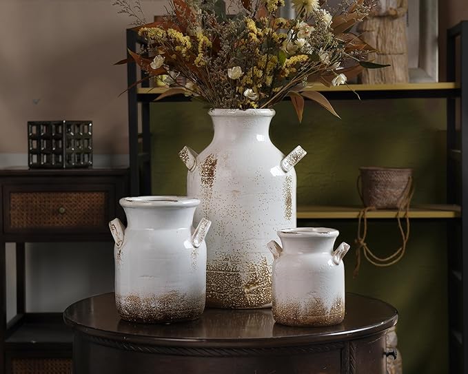 Quoowiit Ceramic Rustic Farmhouse Vase, 14 Inch Distressed Decorative Flower Vase for Home Decor, Large White Vase for Living Room Bedroom Kitchen Office Decor Centerpiece Table Decorations
