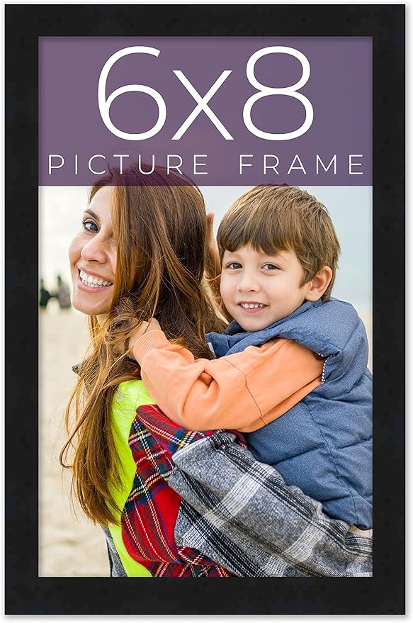 6x8 Frame Black Real Wood Picture Frame Width 0.75 Inches | Interior Frame Depth 0.5 Inches | Noir Classique Mid Century Photo Frame Complete with UV Acrylic, Foam Board Backing & Hanging Hardware
