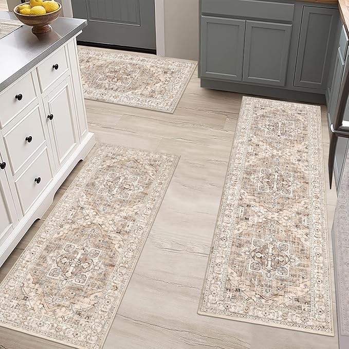 Pauwer Kitchen Mats for Floor 3 Piece Set Boho Non Slip Kitchen Rugs Washable Farmhouse Kitchen Floor Mats Thick Long Kitchen Throw Area Rug Carpet Runner for Hallway Entryway Laundry Bathroom, Beige