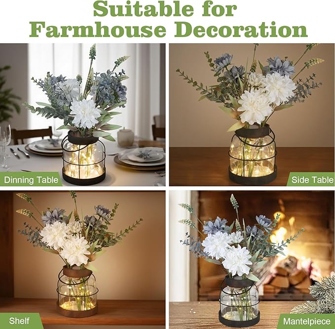 Vintage Farmhouse Lantern Decor LED Lighted Vase, Rustic Glass Vase with Artificial Flowers, Farmhouse Table Centerpiece for Floral Arrangements with Hidden Switch Lid