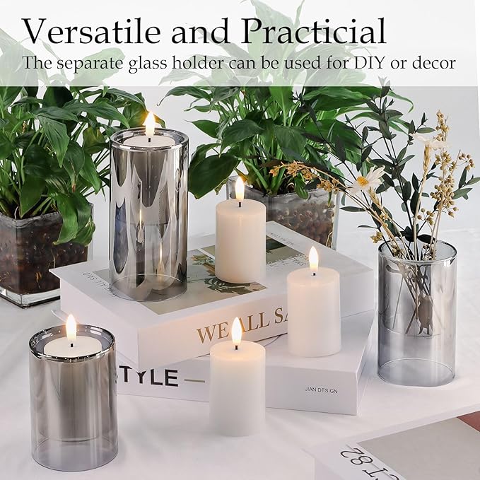 NURADA Flameless Candles with Remote Timer - Glass Real Wax 3D Wick LED Pillar Votive Candle Set Battery Operated Flickering Light for Home Christmas Decoration -Grey 3 Pack