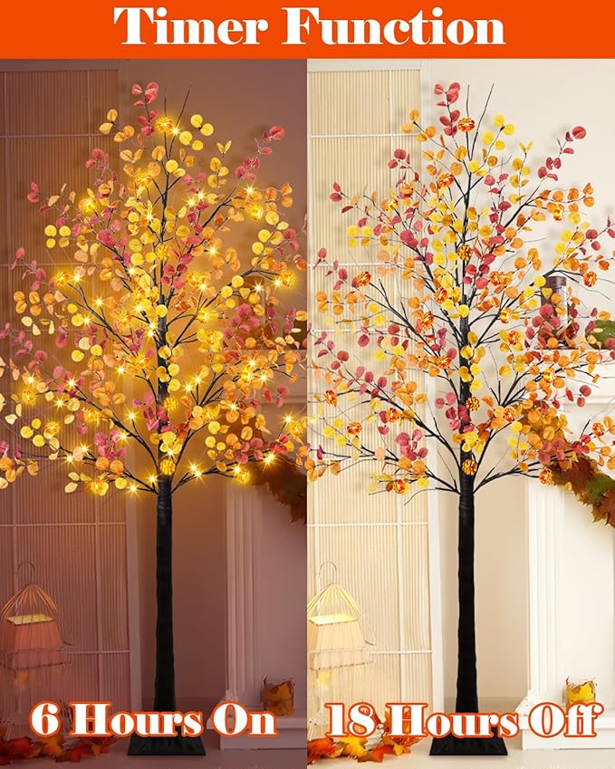 Uieke 4FT 48LED Lighted Fall Eucalyptus Tree Artificial Fall Tree with 12PCS Pumpkins & 8 Modes Thanksgiving Fall Decorations for Home Autumn Decor Indoor Outdoor