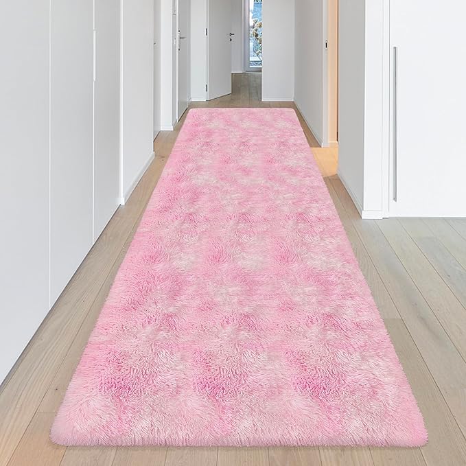Super Soft Fluffy Living Room Area Rug 3x10 ft Tie-Dyed Light Pink Shaggy Furry Carpet Washable Non-Slip Floor Rugs Bedroom Bedside Nursery Kawaii Rug Fuzzy Girls Dorm Home Decor Aesthetic