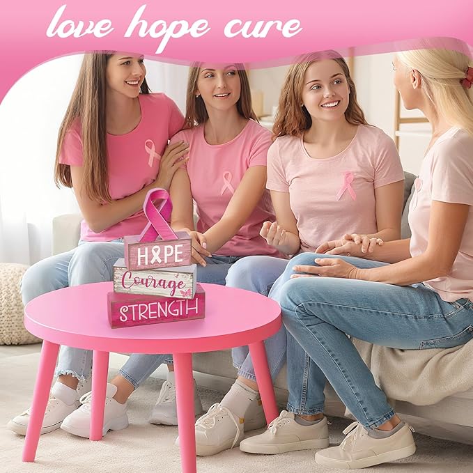 4 Pcs Breast Cancer Awareness Table Decor Pink Ribbon Wooden Sign Breast Cancer Tiered Tray Decor Decorative Pink Ribbon Blocks Sign Gifts for Home Kitchen Party Decoration