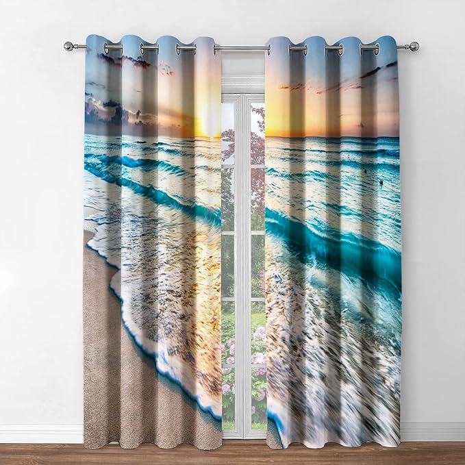 Jekeno Beach Ocean Waves Blackout Curtains Tropical Sea Sunrise Seaside Coastal Scenic Hawaiian Scenery Decor for Home Bedroom Living Room Darkening Grommet Window Drapes 2 Panel Set, 42"x84"