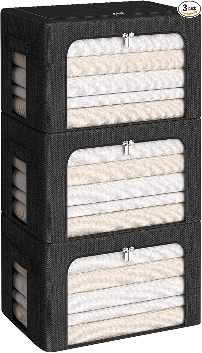 3Pack Foldable Storage Bins - Frame Storage Box Linen Fabric Stackable Clothes Container Organizer with Clear Window & Carry Handles Large Capacity (Medium-36L, Black)