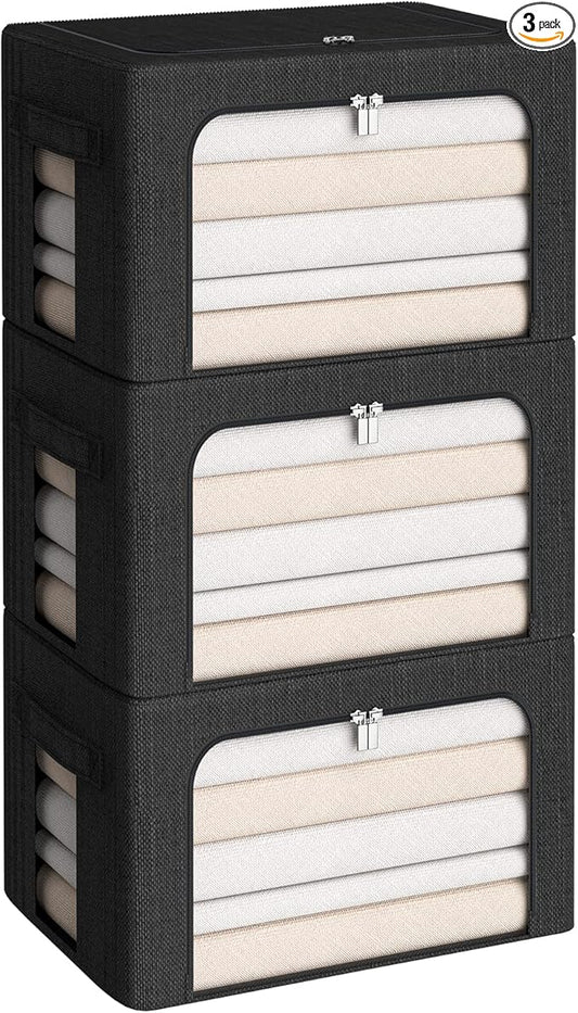 3Pack Foldable Storage Bins - Frame Storage Box Linen Fabric Stackable Clothes Container Organizer with Clear Window & Carry Handles Large Capacity (Medium-36L, Black)